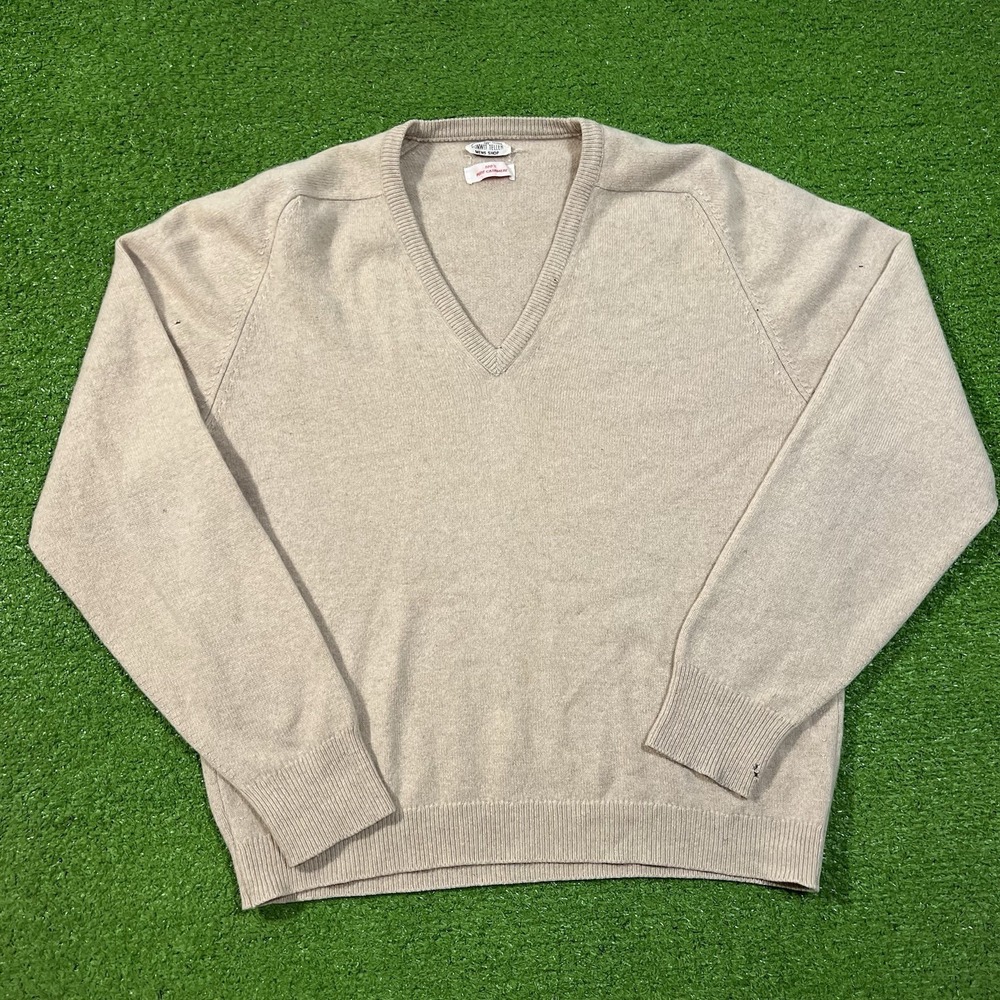Vintage BONWIT TELLER Mens Cashmere Sweater LG Beige V Neck 1969s Pullover Flaws